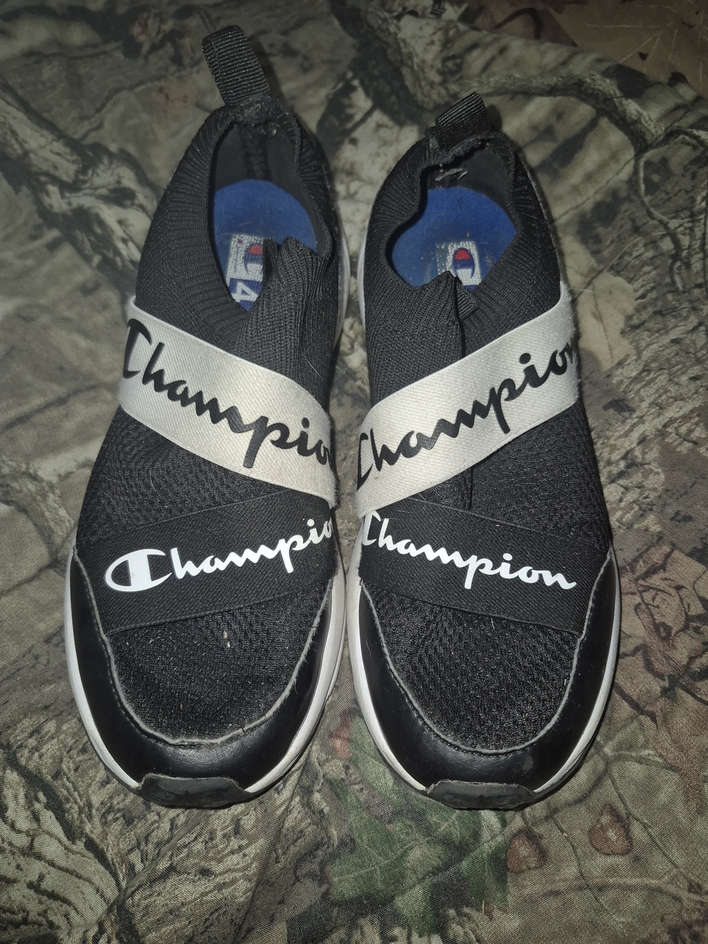 Champion Black Slip-On Kids Sneakers with White Logo Straps